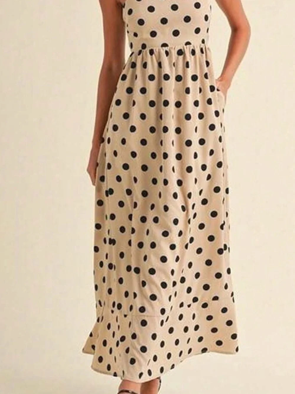 Polka Dot Maxi Dress - Beige with Black Dots